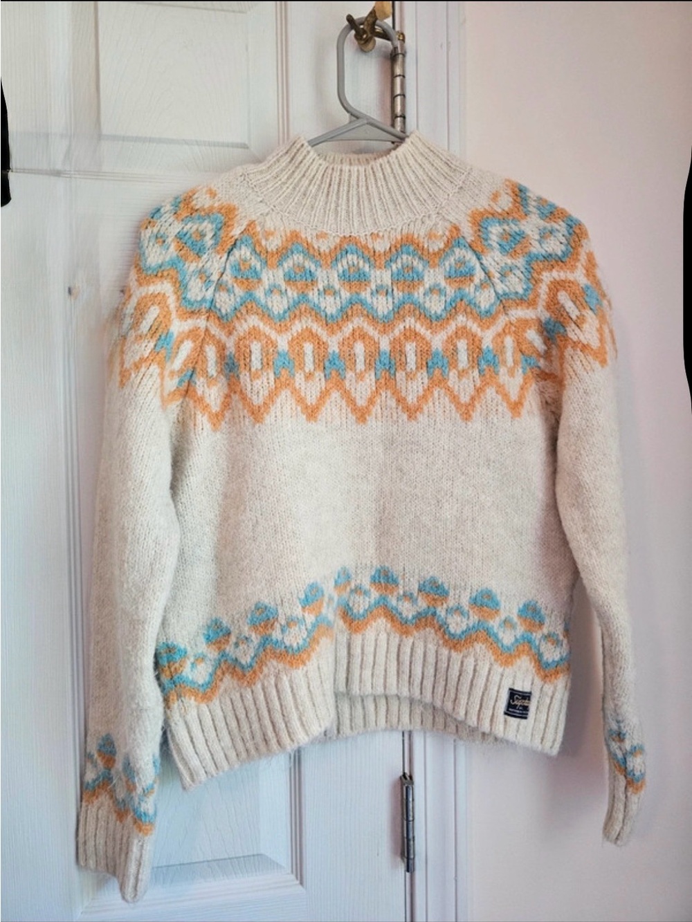 Superdry Women’s Cream Orange sweater Size S Y2K Casual Colorblock